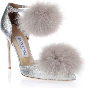 Jimmy Choo Fur Pom Pom Heel Pumps Glitter Silver Gray Grey